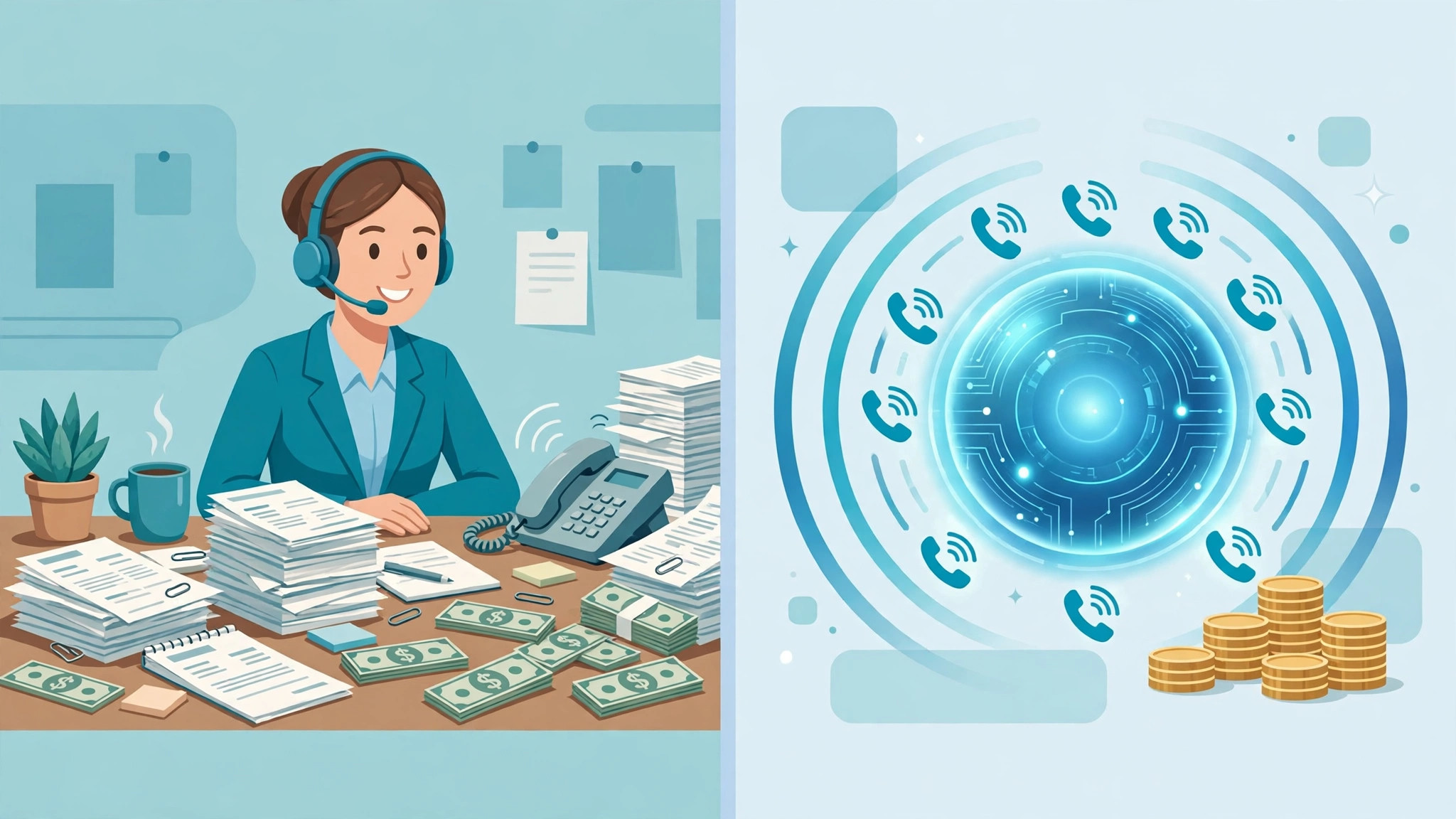 Split illustration comparing a human virtual receptionist's rising costs with an AI receptionist answering many calls at once